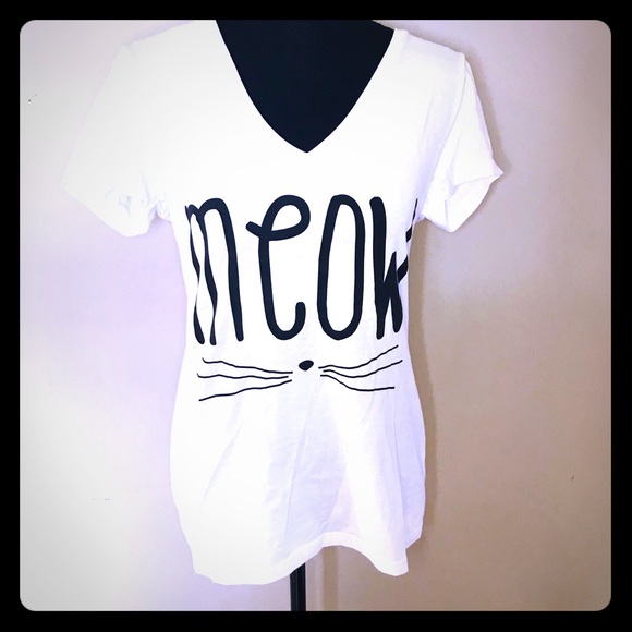 White VNeck Cats Meow Womens TShirt Size M - Picture 1 of 5